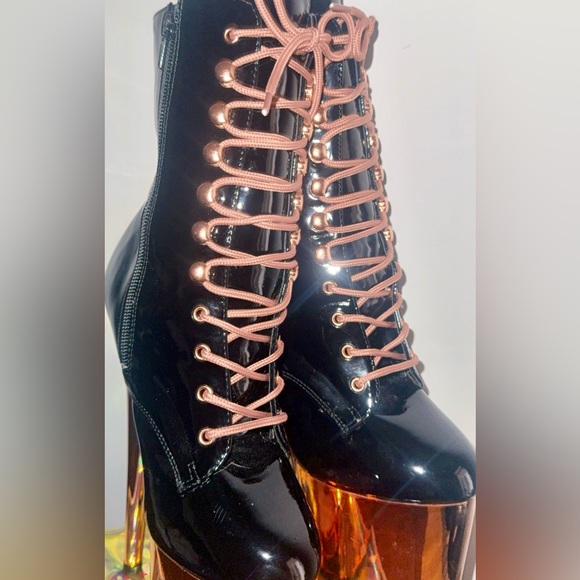 Pleaser Flamingo black Patent Platform Boots lace up sz. 6 Rose Gold 8” stiletto - Picture 3 of 12